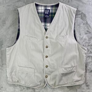Vintage GAP Utility Vest Plaid Lined Beige Cotton Button Up 90s Size Large